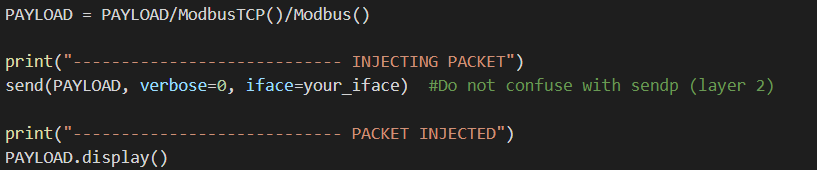 Adding ModbusTCP and Modbus layers to the payload, and packet injection